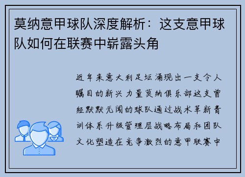 莫纳意甲球队深度解析：这支意甲球队如何在联赛中崭露头角