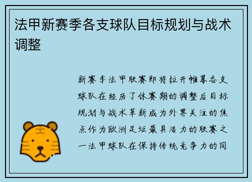 法甲新赛季各支球队目标规划与战术调整